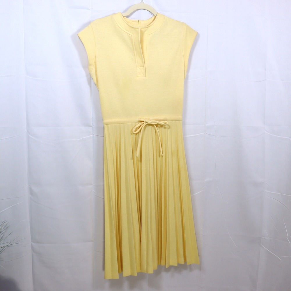 Strait Lane‎ Pleated Midi Dress 8 Yellow Womens Vintage Silk Blend Mod